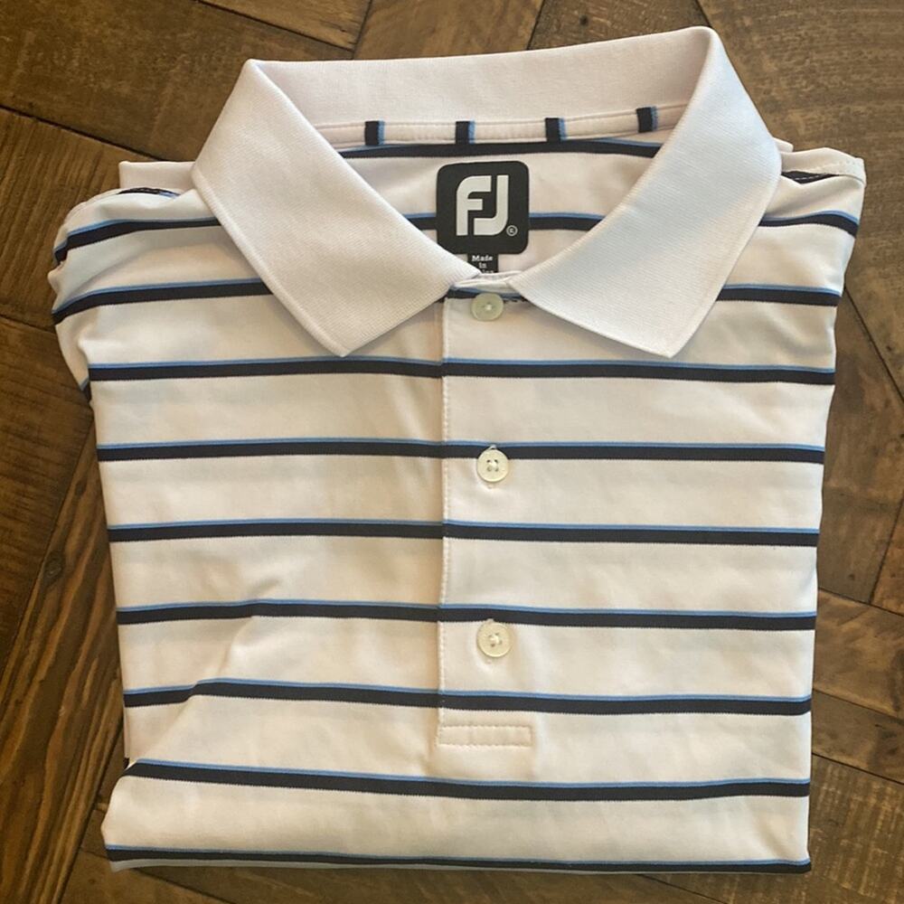 Mens Footjoy Golf Polo. White with Cyan Navy Stripes. Size XL. - Picture 8 of 8